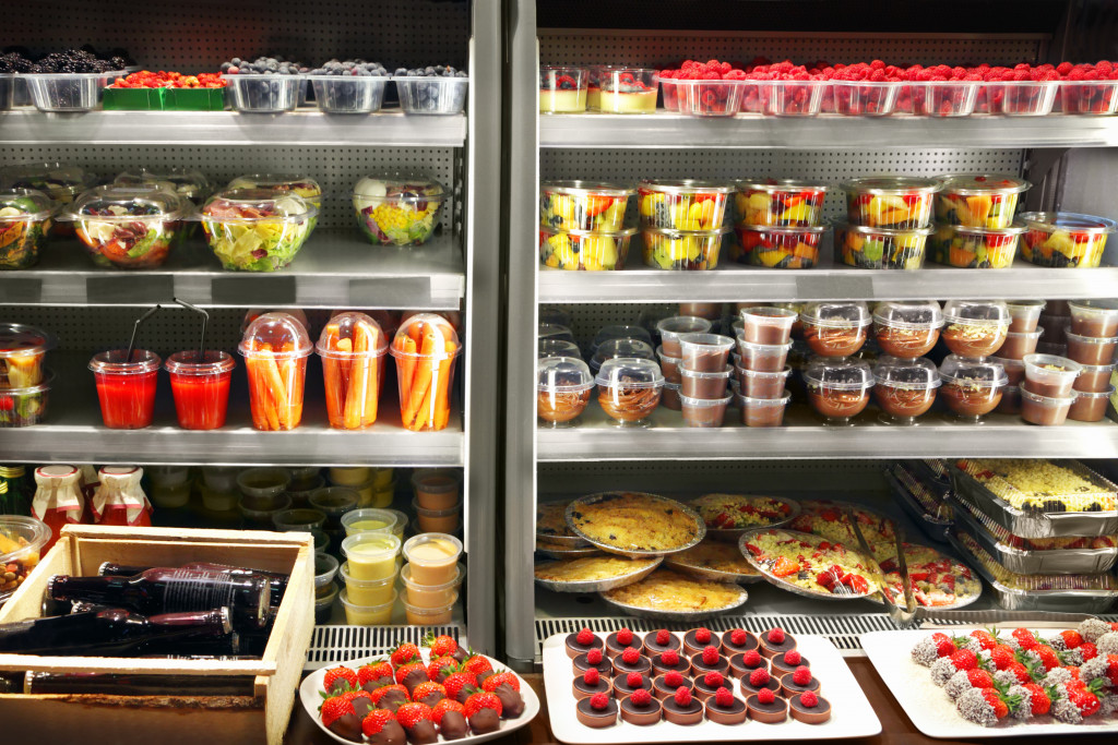 Grocery display of different food items.